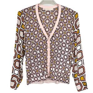 Tory Burch Wesley Cardigan Sweater Size M Peach Geometric Print Silk Sleeves